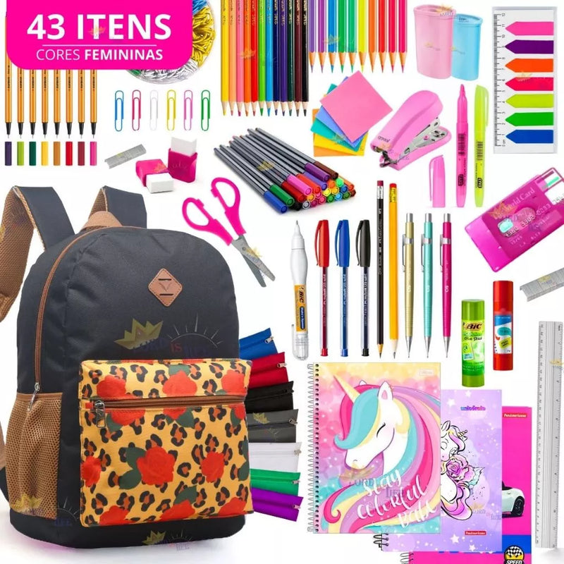 Kit Material Escolar Feminino Completo Mochila Feminina Escolar Material Estojo Escolar Menina Rosa