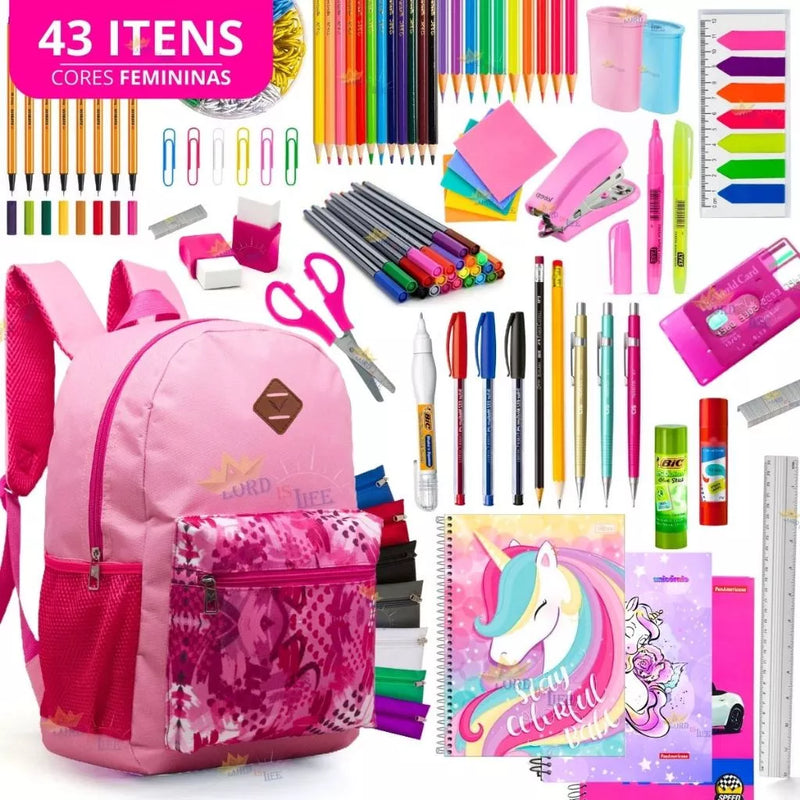 Kit Material Escolar Feminino Completo Mochila Feminina Escolar Material Estojo Escolar Menina Rosa